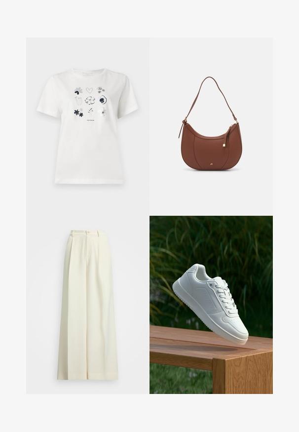 Fehér pamut póló, amelyen kék és szürke virágok és szívek nyomata található. Kerek nyakkivágású, rövid ujjú, laza szabású.; Széles szárú, natúrfehér anyagú nadrág, magas derékkal, dupla redőkkel és gombos záródással. Sima textúra és igényes szabás.; Fehér sportcipő sima szintetikus felsőrésszel, perforált lábujjrész, lapos fűzőkkel és texturált talppal, fából készült felületen kihelyezve.; Barna műbőr válltáska ívelt formával, minimális varrással és arany színű kiegészítőkkel. Jellemzője a felső cipzáras záródás és állítható pánt.