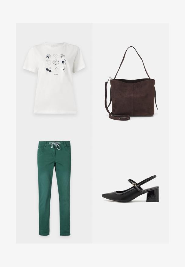 Valge puuvillane T-särk, millel on prinditud lillede ja südame kujundus tumesinises ja hallis. Ümar kaelus ja lühikesed varrukad, lõdvestunud istuvus.; Rohelised puuvillasegusest kangast püksid, sirge jala disainiga, paelaga vöökoht ja kaks esimest taskut. Sile tekstuur ja ilma mustriteta.; Mustad läikivad nahast slingback-kõrged kontsad, millel on terav nina, ümar lõikekujundus ja blokknina. Omab kuldset nupu aktsenti.; Pruun nubukist kott pehme tekstuuriga, millel on üks õlavarre rihm ja peene kumer ülemine ava. Nähtavaid metallosi pole.