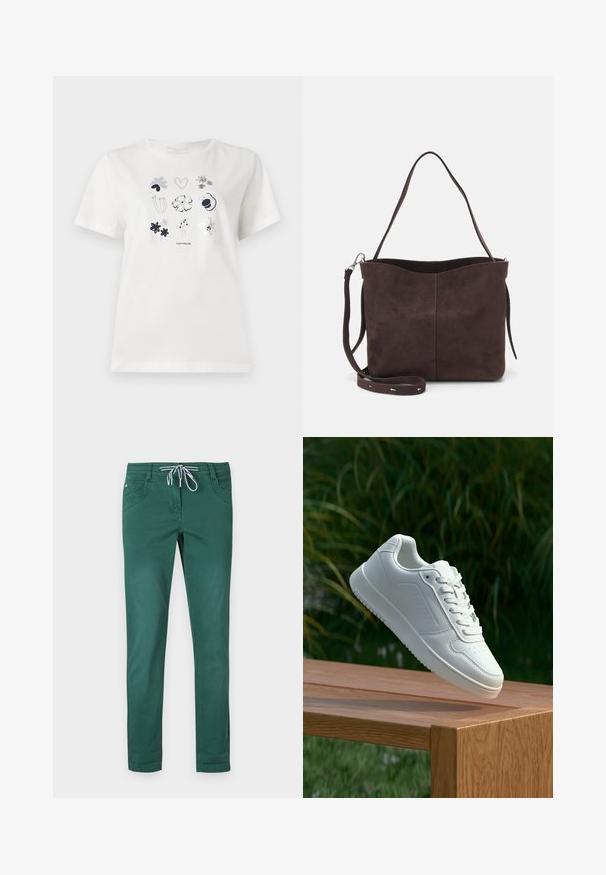 White cotton t-shirt featuring a printed design of flowers and hearts in navy and gray. Crew neck and short sleeves, casual fit.; Green cotton blend trousers with a straight-leg design, drawstring waistband, and two front pockets. Smooth texture and no patterns.; White sneaker with a smooth synthetic upper, perforated toe box, flat laces, and a textured sole, displayed on a wooden surface.; Brown suede tote bag with a soft texture, featuring a single shoulder strap and a subtle curved top opening. No visible hardware details.