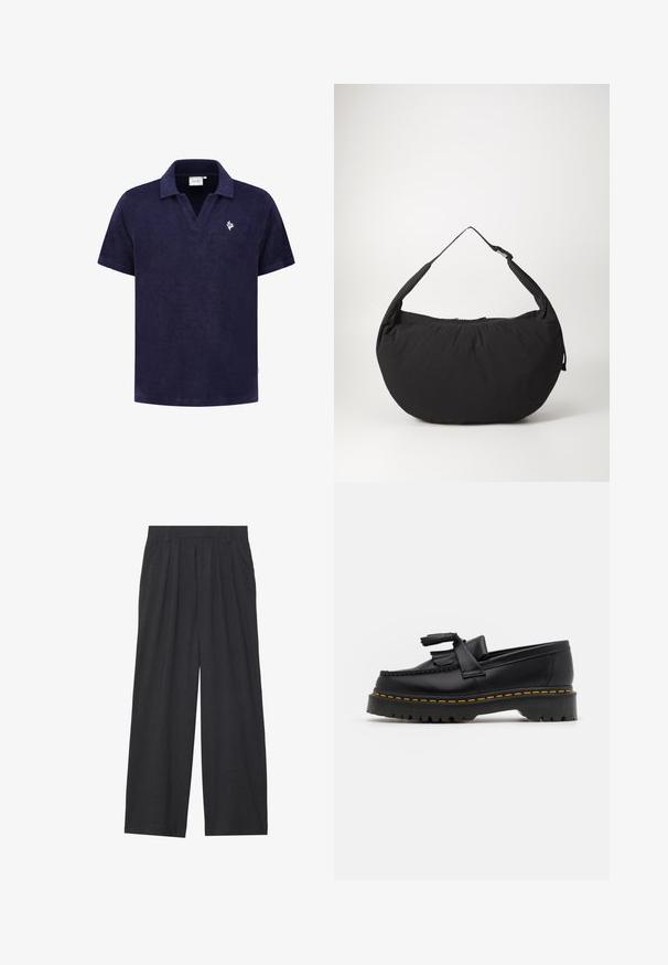 Tume sinine froteepoolo tunika V-kaelusega, lühikeste varrukatega ja valge logoga vasakul rinnal, millel on pehme tekstuur.; Laiene püksid, mis on valmistatud tumedast hallist kangast. Omavad vööümbrikus voldikuid, on kohandatud disainiga ja sirge siluett.; Mustmust musta loafer, millel on frantsiisi aktsent, paks must tald ja kollane õmblus servas. Tekstuuriga viimistlus.; Mustmust kangas õlakott, millel on kõver kuju, üheahelaline rihm ja lukuga sulgemine. Pehme tekstuur, minimalistlik disain.