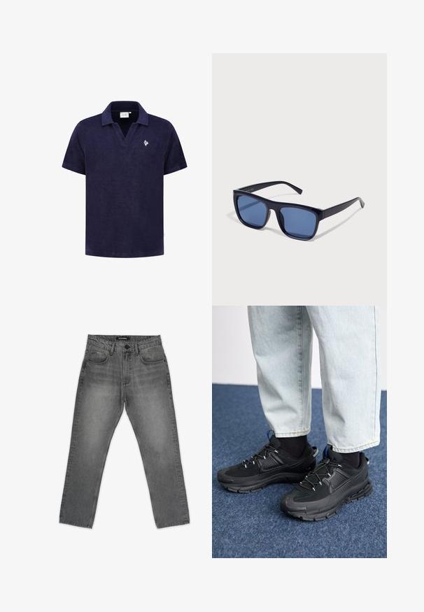 Mørkeblå frotté polo skjorte med V-hals, korte ærmer og et hvidt logo på venstre bryst, med en blød overflade.; Grå straight-leg jeans med høj talje, knaplukning og front- og møntlommer, der har subtile slidte detaljer.; Sorte træningssko med tekstureret stof og gummisåler, udstyret med elastiske snørebånd og en blå detalje på hælen. Bæres med lyse denimbukser.; Sorte plastik solbriller med rektangulære stel, blåtonede linser og slanke sidearme, der har en glansfuld finish.