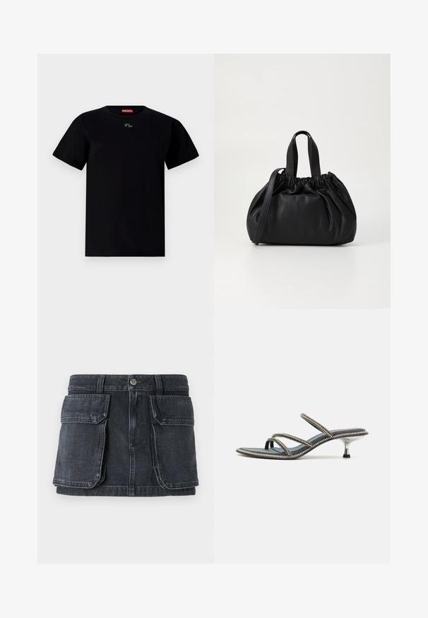Juodas medvilnės marškinėliai su apvale kaklo iškirpte, trumpomis rankovėmis ir mažais emblemomis krūtinės centre. Minkšta tekstūra ir reguliaraus kirpimo.; Juodas denimo sijonas su prigludusia juosme, mygtukų uždarymu, dviem didelėm priekinių kišenėm ir kontrastinga siuvinėjimo detalė.; Džinsiniai sandalai su trimis plonais dirželiais, papuoštų cirkoniais, smaili noselė ir metalizuotas, stiletto tipo kulnas. Neslystantis padas.; Juoda odinė rankinė su susiraukšlėjusiu viršumi, su dviem trumpomis rankenėlėmis ir ilga reguliuojama juosta. Lygus paviršius, apvalios formos.