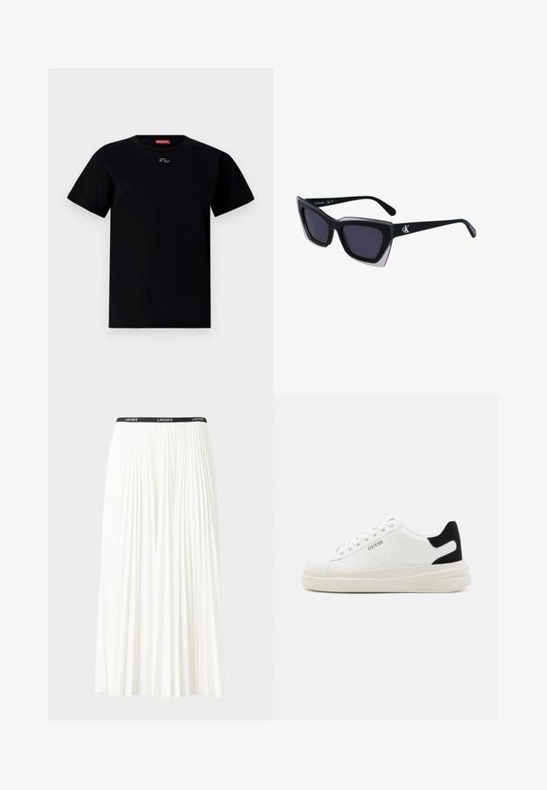Μαύρο βαμβακερό T-shirt με στρογγυλή λαιμόκοψη, κοντά μανίκια και ένα μικρό έμβλημα στο κέντρο του στήθους. Μαλακή υφή και κανονική εφαρμογή.; Κοντή πλισέ λευκή φούστα με μαύρη ελαστική ζώνη που φέρει το λογότυπο "LACOSTE". Σχεδίαση μεσαίου μήκους με μαλακή υφή.; Λευκά δερμάτινα αθλητικά παπούτσια με χοντρή λευκή σόλα, μαύρη σουέτ λεπτομέρεια στην φτέρνα και ανάγλυφο λογότυπο στο πλάι. Σχέδιο με κορδόνια και έξι θηλιές.; Μαύρα υπερμεγέθη γυαλιά ηλίου με γεωμετρικό σχήμα, διαθέτοντας σκούρους φακούς και αντίθεση γκρίζα λεπτομέρεια στη σκελετό. Λογότυπο στον βραχίονα.