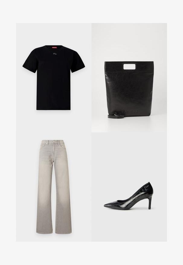 T-shirt preto de algodão com decote redondo, mangas curtas e um pequeno emblema no centro do peito. Textura suave e ajuste regular.; Jeans largos cinzentos com um acabamento desbotado, fecho de botão, design de cinco bolsos e detalhes costurados ao longo das costuras.; Sapatos de salto alto pretos, com bico fino, acabamento brilhante e padrão texturado subtil. Apresentam um salto moderado e um design com abertura na garganta.; Saco tote de couro preto com uma pega quadrada, apresentando um acabamento texturizado e logotipo em relevo. Inclui uma alça destacável.