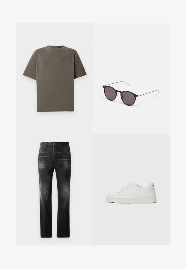Olivovo zelené tričko s krátkym rukávom vyrobené z mäkkého bavlneného materiálu, s okrúhlym výstrihom a malým vyšitým logom "CLOSED" na prednej strane.; Čierne denimové džínsy so štandardným strihom. Obsahujú vyblednuté oblasti, drobné opotrebenie, klasický dizajn s piatimi vreckami a zapínanie na gombík.; Biele kožené tenisky s hladkým povrchom, okrúly špičkový dizajn, ploché šnúrky a textúrovaná podrážka. Obsahujú jemné logo na päte.; Čierne okrúhle slnečné okuliare s tmavými sklami a tenkými kovovými ramenami. Obsahujú priehľadné konce rámov a strieborné akcenty na pántoch. Minimalistický dizajn.