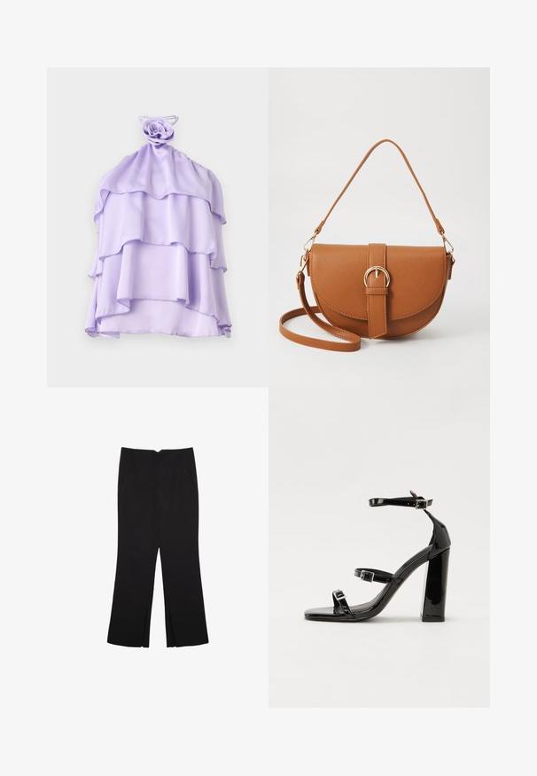Fialová, vrstvená halenka vyrobená z lehkého materiálu s volánkovým designem a akcentem ve tvaru růže na výstřihu. Hladká textura, bez rukávů.; Černé kalhoty s rovným střihem, s předními kapsami a bočními rozparky na lemu. Vyrobené z jemné, hladké tkaniny. Vhodné na různé příležitosti.; Černé lakované sandály na podpatku se čtveratou špičkou, lýtkovými pásky a stříbrnými přezkami. Disponují masivním blokovým podpatkem pro stabilitu.; Hnědá kožená křížová taška s zakřiveným tvarem, zlatými detaily a akcentem s přezkou. Obsahuje odnímatelný popruh na rameno.