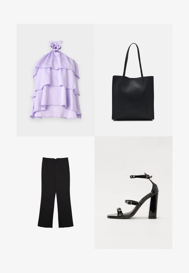 Vaaleanlila, kerroksellinen paita, joka on valmistettu kevyestä kankaasta ja siinä on röyhelömuotoilu sekä ruusunmuotoinen yksityiskohta kaula-aukossa. Sileä pinta, ilman hihoja.; Mustat housut suoralinjaisella leikkauksella, joissa on etutaskut ja sivurei'ät helman alla. Valmistettu pehmeästä ja sileästä kankaasta. Sopii eri tilaisuuksiin.; Musta kiiltävä korkokenkä sandaalit neliönmuotoisella varpaalla, nilkkaremmillä ja hopeisilla soljilla. Varustettu tukevalla lohkokorkealla vakauden takaamiseksi.; Mustapahkainen kangaskassi, jossa on sileä pinta, suorakaiteen muotoinen ja kaksi pitkää kahvaa. Ei näkyvää metalliosaa tai koristeita.