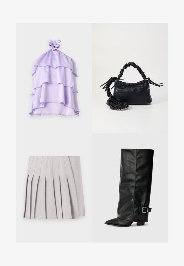Top a strati di colore lilla realizzato in tessuto leggero con un design arricciato e un accento a forma di rosa sul colletto. Texture liscia, senza maniche.; Gonna pieghettata grigia con una texture liscia, caratterizzata da molteplici pieghe verticali e una vita aderente. Realizzata in un tessuto leggero.; Stivali neri in pelle fino alla caviglia con punta affusolata, texture liscia e una fibbia argentata accento sul lato. Tacco quadrato spesso.; Borsa a tracolla in ecopelle nera con texture a coccodrillo, apertura cinchata e tracolla arricciata. Si presenta con un design morbido e compatto.