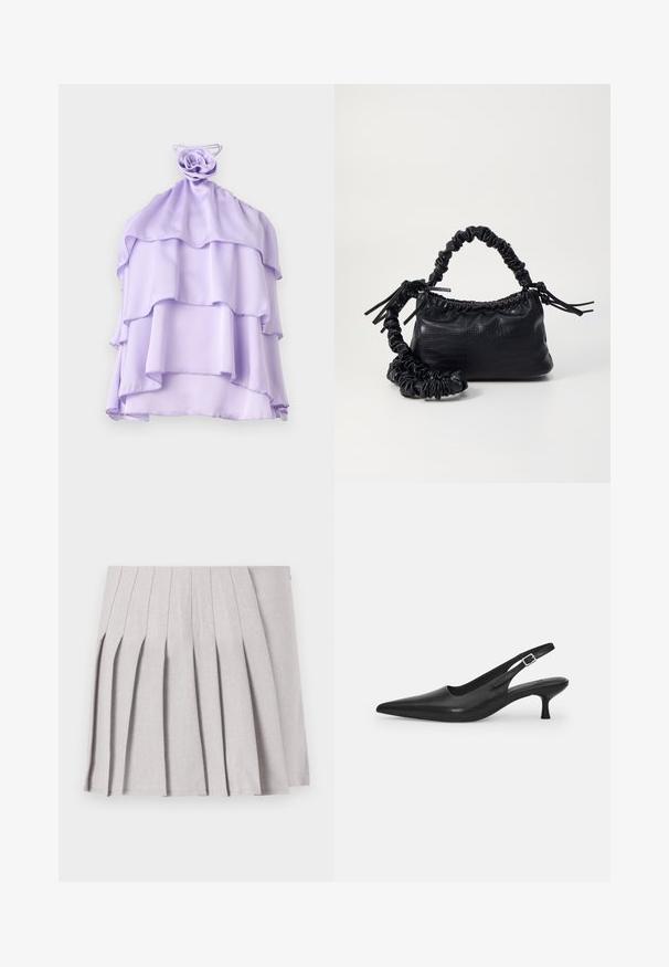 Levendula színű, réteges felső, könnyű anyagból, fodros dizájnnal és rózsa alakú díszítéssel a nyaknál. Sima tapintású, ujjatlan.; Szürke pliszírozott szoknya sima textúrával, több függőleges redővel és testre simuló derékkal. Könnyű anyagból készült.; Fekete bőr szandálcipő hegyes orral és karcsú, ívelt sarokkal. Diszkrét, állítható pánttal rendelkezik, fém csattal.; Fekete műbőr kézi táska krokodil bőr textúrával, összehúzható tetejű és gyűrt pánttal. Lágy és kompakt dizájnúnak tűnik.