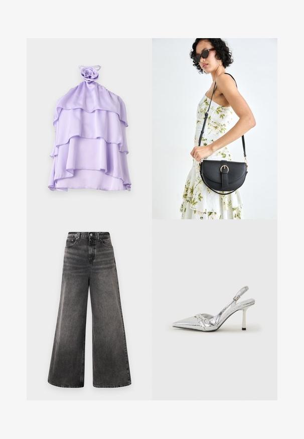 Lilac, layered top made of lightweight fabric with a ruffled design and a rose-shaped accent at the neckline. Smooth texture, sleeveless.; Wide-leg black denim jeans with a faded wash, five-pocket design, and a button closure at the waistband, featuring stitched accents.; Silver slingback high heel shoe with a pointed toe, metallic finish, two decorative straps, and a slender heel with a black tip.; Black leather handbag with a curved shape, detachable strap, and gold hardware. The bag features a flap with a buckle detail.