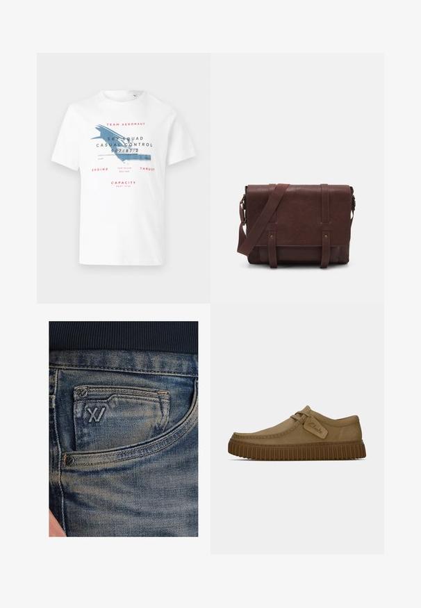 Biela bavlnená tričko s grafikou modrého lietadla a červeným textom. Dizajn obsahuje detaily súvisiace s letectvom a rôzne veľkosti potlače.; Modré rifľové nohavice so svetlým efektom, vybavené mincovníkom a čiernym logom na prednej strane. Pás je z tmavomodrej rebrovanej tkaniny.; Svetlohnedé semišové topánky s okrúhlym špičkou, prešitou detailnou úpravou a ribbovanou hnedou gumovou podrážkou. Obsahujú bočný štítok s logom "Clarks".; Hnedá kožená messenger taška s plochým predným klopom, dvoma popruhmi, zlatými kovovými detailmi a nastaviteľným ramenným popruhom.