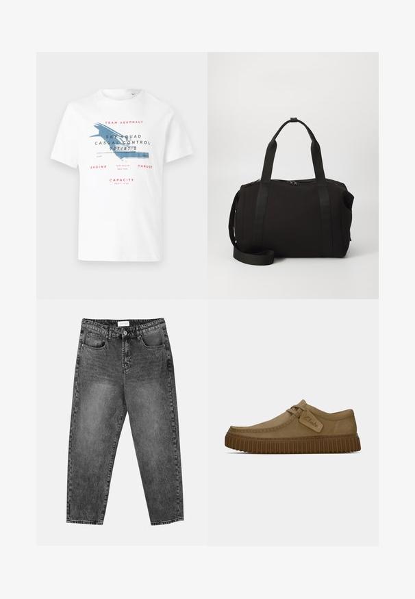White cotton t-shirt featuring a blue airplane graphic and red text. Design includes aviation-themed details and various print sizes.; Black washed straight-leg jeans with front and back pockets, belt loops, and a button closure at the waist.; Light brown suede shoes with a rounded toe, stitched detailing, and a ribbed brown rubber sole. Features a side tag with "Clarks" logo.; Black duffel bag with thick handles and a detachable strap. Made of smooth fabric, featuring a zip closure and minimalist design.