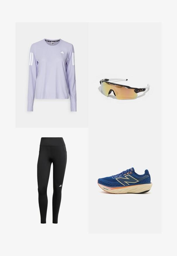 adidas Performance Topper langermet - violet tone; Sorte treningsleggings med høy midje, laget av elastisk stoff; har en sidelomme og en liten hvit logo nær sømmen.; Blå løpesko med pustende mesh-overdel, polstret krage og en dempet såle med oransje detaljer. "Fresh Foam"-merking synlig.; Solbriller med svart og hvit ramme, store speil-linser i gull- og rosa nyanser, aerodynamisk design og utvidet ytterkant.