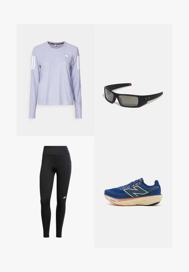 adidas Performance Maglietta a manica lunga - violet tone; Leggings sportivi neri con vita alta, realizzati in tessuto elasticizzato; presentano una tasca laterale e un piccolo logo bianco vicino all'orlo.; Scarpa da corsa blu con tomaia in mesh traspirante, colletto imbottito e suola ammortizzata con accento arancione. Visibile il marchio "Fresh Foam".; Occhiali da sole neri con finitura opaca, lenti rettangolari, leggero curvatura sulle tempie, dettaglio logo discreto e lenti color fumo.