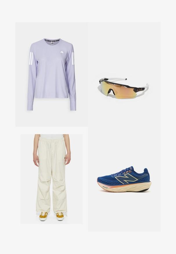 adidas Performance Ilgarankovis viršutinės dalies drabužis - violet tone; Kremo spalvos kargo kelnės su laisvu siluetu, elastinga juosta ir keliais kišenėmis. Dėvimos su rudos ir baltos spalvos sportbačiais ant baltos fono.; Mėlyna bėgimo avalynė su kvėpuojančia tinkleline viršuje, paminkštintu kulkšnių kraštu ir minkštu padu su oranžiniu akcentu. Matoma "Fresh Foam" ženklas.; Akiniai nuo saulės su juodai balta rėmu, dideliais veidrodiniais objektyvais auksinėmis ir rožinėmis atspalviais, aerodinaminis dizainas ir išplėstas išorinis rėmelis.