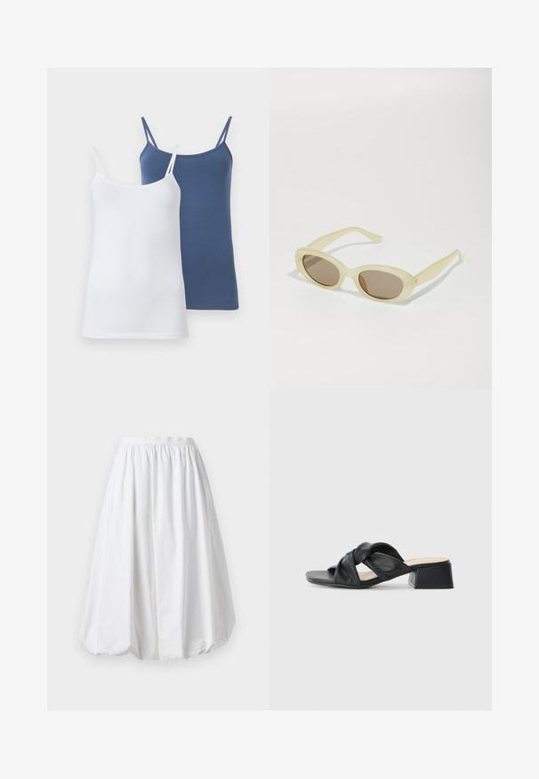 Dois tops de alças, um branco e um azul, com alças finas, um design justo e um material em mistura de algodão suave.; Saia branca, até aos joelhos, com cintura elástica e formato balão. Feita de um tecido leve com uma textura suave.; Sandal de couro preto com um design superior torcido, bico quadrado e um salto bloco baixo, apresentando uma textura suave e um estilo minimalista.; Óculos de sol ovais com uma armação translúcida em amarelo pálido e lentes castanhas. Apresentam uma textura suave e discretos detalhes metálicos nas laterais.
