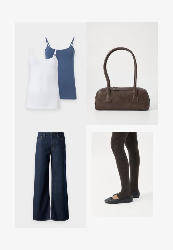 To camisoler, en hvid og en blå, med tynde spaghetti-stropper, en tætsiddende design og et glat bomuldsblandingsmateriale.; Bredde ben jeans i mørkeblå denim. Har kontrastsyninger, fem lommer og en knaplukning i taljen. Glat tekstur.; Sorte flade sko med en lille sløjfedetalje ved tåen, parret med mørkebrune ribbede strømpebukser. Skoene har en glat overflade og lav profil.; Brun lædertaske med to robuste håndtag, rektangulær form, glat tekstur og lynlås lukning. Minimalistisk design uden synlige mønstre.