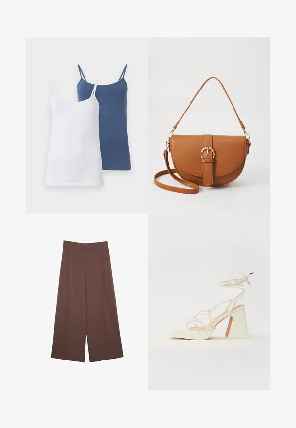 Zwei Spaghetti-Topps, eines in Weiß und das andere in Blau, mit dünnen Spaghettiträgern, einer figurbetonten Passform und einem glatten Baumwollmischgewebe.; Braune Weite-Leg-Hosen mit einer glatten Textur, hoher Taille und Vorderfalten. Der Stoff ist leicht und fällt locker.; Weiße High-Heel-Sandale mit einem klobigen Absatz, die über ein Riemchendesign und ein Knöchelband verfügt. Glatte Textur mit einer Plattform vorne für zusätzliche Höhe.; Braune Leder-Crossbody-Tasche mit geschwungener Form, goldfarbenen Beschlägen und einer Schnallenakzentuierung. Verfügt über einen abnehmbaren Schultergurt.