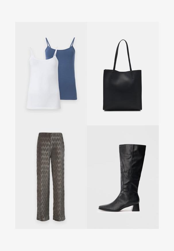 Dos tops de tirantes finos, uno blanco y otro azul, con un diseño ajustado y un material suave en mezcla de algodón.; Pantalones de pierna ancha grises con pliegues y un patrón texturizado en forma de diamante. Material suave, cintura elástica y longitud recortada.; Bota de cuero negra hasta el medio de la pantorrilla con punta afilada y tacón cuadrado sobre un fondo claro y liso.; Bolso tote de cuero negro con textura lisa, forma rectangular y dos asas largas. Sin herrajes ni adornos visibles.