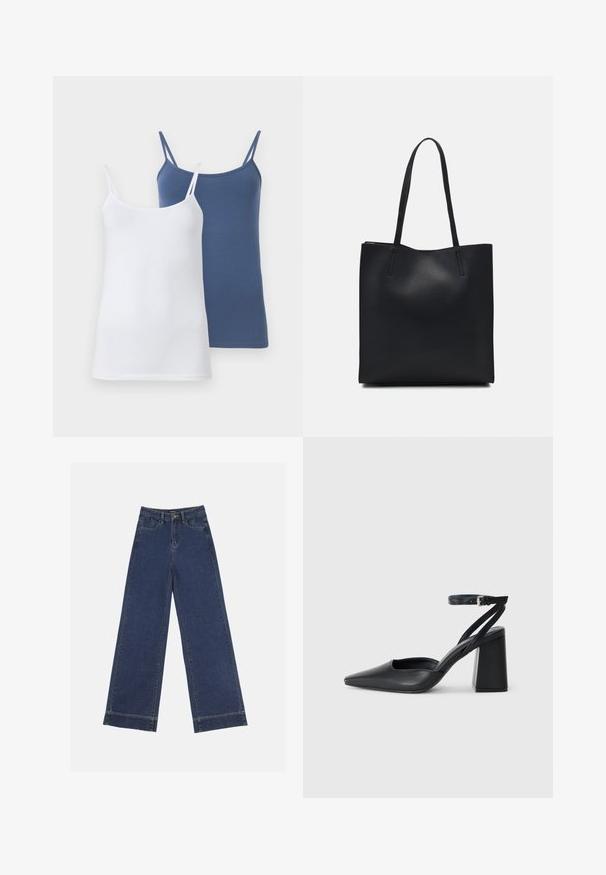 Zwei Spaghetti-Topps, eines in Weiß und das andere in Blau, mit dünnen Spaghettiträgern, einer figurbetonten Passform und einem glatten Baumwollmischgewebe.; Weite Jeans in dunkelblauem Denim. Verfügt über fünf Taschen, Gürtelschlaufen und einen rohen Saum am unteren Ende mit sichtbaren Nahtdetails.; Schwarze Leder-Pumps mit spitzer Zehe, einem Knöchelriemen und einem blockigen Absatz. Flache Textur, elegantes Design und minimalistische Ästhetik.; Schwarze Laptoptasche aus Leder mit glatter Textur, rechteckiger Form und zwei langen Griffen. Keine sichtbaren Beschläge oder Verzierungen.