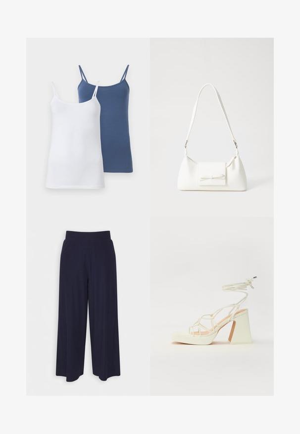 Divas krūšturis, viens balts un otrs zils, ar plānām špageti siksniņām, pieguļošu dizainu un gludu kokvilnas auduma maisījumu.; Platas kājas bikses tumši zilā audumā ar svītrainu tekstūru. Aprīkotas ar gludu jostasvietu un plūstošu siluetu, sasniedzot vidus teļus.; Baltas augstpapēžu sandales ar masīvu papēdi, ar siksnu dizainu un potītes saistītiem elementiem. Gluda tekstūra ar platformu priekšpusē, lai nodrošinātu papildu augstumu.; Balta sintētiska soma ar trīsstūrveida formu, plakanu priekšējo vāciņu un loku detaļu, regulējamu siksnu, gludu tekstūru un minimālistisku dizainu.