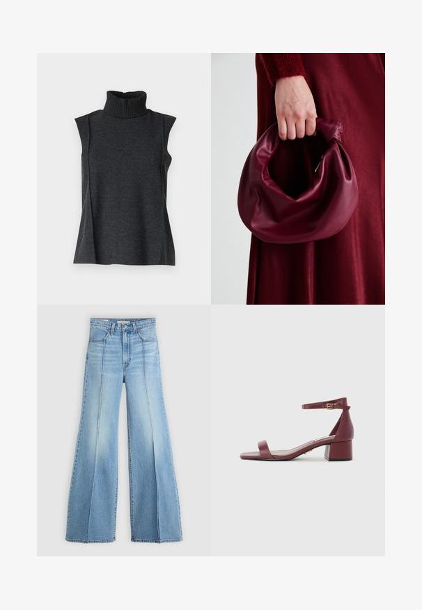 Tamsiai pilka be rankovių golfas, pagamintas iš minkštos mezginio medžiagos. Ypatybės – raguota apykaklė ir šoninės siūlės, užtikrinančios laisvą prigludimą.; Šviesiai mėlyni aukšto liemens džinsai su plačiomis kojomis, priekinėmis ir užpakalinėmis kišenėmis, diržo kilpos ir vertikaliomis siūlėmis priekyje.; Burgundi odinė šlepetė su kvadratiniu pirštu, plona kulkšnies juosta, auksiniais akcentais ir stambiu blokiniu kulnu. Lygus paviršius ir minimalistinis dizainas.; Bordo odinė rankinė su minkštu, susiraukšlėjusiu dizainu ir apvalia forma. Rankena yra tvirtai pritvirtinta, atskleidžianti lygią tekstūrą.