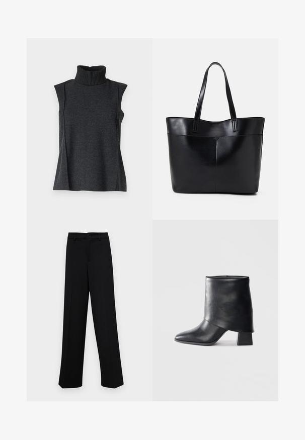 Tumehall toode ilma varrukateta kõrge kaelusega, valminud pehmest kudumist. Omab soonikserva ja külgõmblusi, tagades mugava istuvuse.; Musta laiad püksid siledast kangast, millel on klassikaline vöökoht, nööbiga sulgemine ja ees voldid.; Mustad nahast pahkluuring, millel on terav varvas, sile tekstuur ja struktureeritud plokknakk. Omab kõrget, volditud suud.; Must mustaga musta nahast, millel on kaks pikka kanda, sile tekstuur ja struktureeritud kuju. Esipoolsel on lisakoti jaoks tasku.