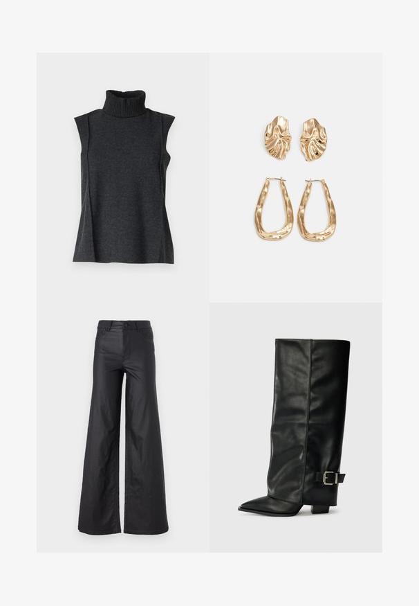 Temno siva brezrokavnik z visokim ovratnikom iz mehkega pletenega materiala. Ima rebrast ovratnik in stranske šive za sproščen kroj.; Črne, širokoglede hlače iz umetnega usnja. Imajo visok pas, zanke za pas, dva sprednja žepa in šivano detajliranje.; Črne usnjene gležnjarje do gležnjev z ostrim nosom, gladko teksturo in srebrnim sponko akcentom na strani. Debel kvadratni peti.; Zlato obarvani uhani z teksturiranimi, valovitimi oblikami. Vključujejo skulpturalne sponke za ušesa in odprto obliko obročka s kladivastim finišem.