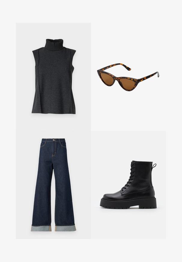 Dunkelgraues ärmelloses Rollkragenoberteil aus weichem Strickstoff. Verfügt über einen gerippten Kragen und seitliche Nähte für eine entspannte Passform.; weit geschnittene dunkelblaue Denim-Jeans mit orangefarbenen Nähten, hohen Bund, zwei vorderen Taschen und umgeschlagenen Säumen, die einen hellblauen Kontraststoff zeigen.; Schwarze Lederstiefeletten mit runder Zehenpartie, Schnürung vorne und einer dicken Gummisohle mit strukturiertem Profil. Mit Zugschlaufe an der Rückseite.; Katzenaugen-Sonnenbrille mit einem schwarz-orangenen Schildpattrahmen, braunen Gläsern und schlanken, spitzen Enden. Verfügt über ein minimalistisches Logo am Bügel.