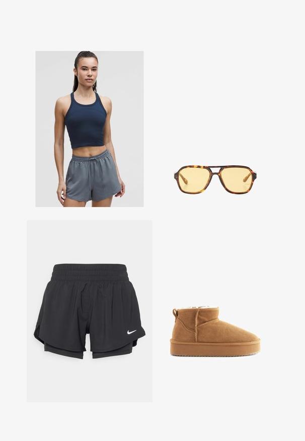 Námořnická modrá hřejivá sportovní crop top s tenkými ramínky, spárovaný se světle šedými šortkami se elastickým pasem, které mají uvolněný střih a šňůrku.; Černé sportovní šortky s elastickým pasem, vnitřním podšívkou a bočními rozparky. Na levé přední straně je bílý logo Nike.; Hnědé semišové kotníkové boty s jemnou vnitřní podšívkou, kulatou špičkou a plochou gumovou podrážkou. Mají šitý šev a zadní poutko.; Sluneční brýle s želvovinovým vzorem, geometrickým designem, žlutými skly a kovovými akcenty na stranách. Široký rám a matný povrch.