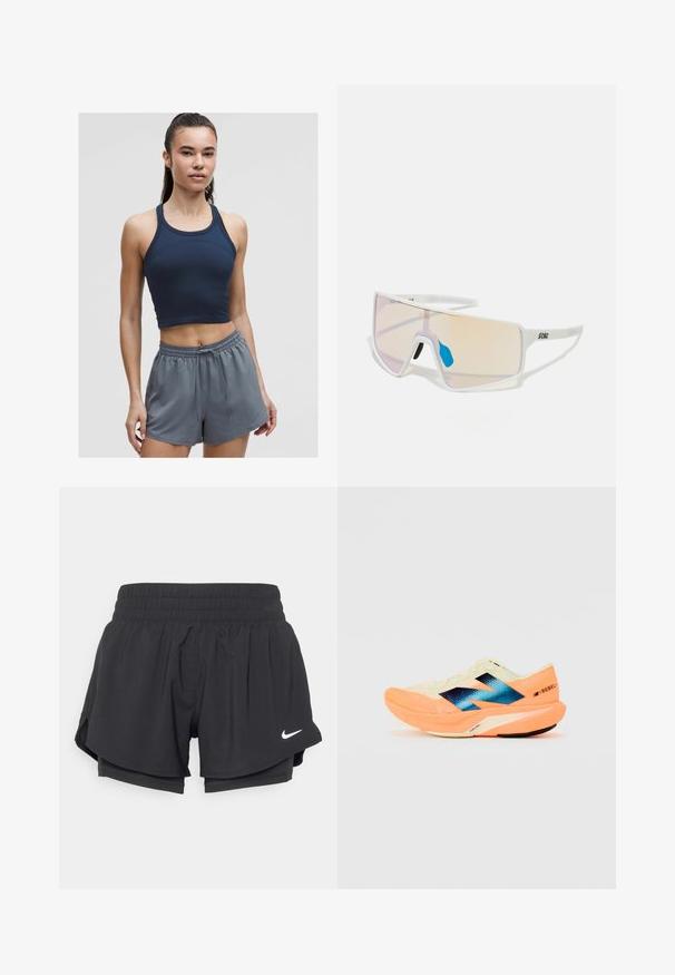 Top sportiv scurt cu nervuri de culoare bleu marin, cu bretele subțiri, asocat cu pantaloni scurți elastici de culoare gri deschis, având o croială lejeră și șnur.; Pantaloni scurți sport negri cu talie elastică, căptușeală interioară și fante pe laterale. Prezintă un logo alb Nike în partea din față stângă.; Adidași de alergare cu un material superior ușor de crem, cu branding albastru și accente portocalii pe talpă. Textură din plasă pentru respirabilitate.; Ochelari de soare cu ramă albă, având lentile mari, cu gradient, ce trec de la roz la portocaliu deschis, accentuați de o piesă nazală albastră și detalii cu logo.