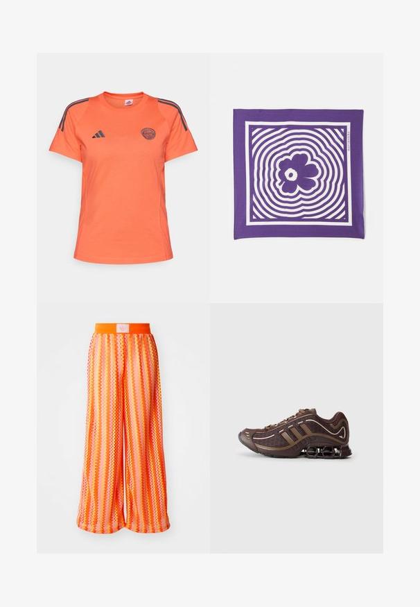 Narančasta atletska majica s kratkim rukavima, s mornarskim prugama na ramenima i izvezenim logotipom sprijeda, napravljena od laganog materijala.; Hlače širokih nogavica s cik-cak uzorkom u živopisnim nijansama narančaste i ružičaste boje, s elastičnom ušitkom u struku i logotipom na stražnjem dijelu.; Smešane smeđe atletske tenisice s mrežastim i sintetičkim gornjim dijelom, s tri pruge, detaljnim šavovima, udobnom potplatom i karakterističnom elastičnom petom.; Ljubičasti kvadratni šal s bijelim cvjetnim uzorkom u središtu, okružen koncentričnim valovitim uzorcima. Glatka tekstura tkanine.; Zlatna torba na šnalu sa šljokicama i kružnom drškom, koja sadrži sjajne okrugle šljokice i teksturiranu tkaninu. Dimenzije nisu navedene.