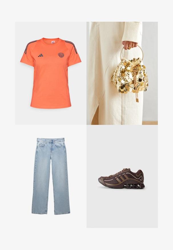 Oranžové sportovní tričko s krátkými rukávy, s námořnickými pruhy na ramenech a vyšitým logem na přední straně, vyrobené z lehkého materiálu.; Světle modré džíny s širokým střihem, obsahující zapínání na knoflík a zip, pět kapes a minimální detaily šití.; Hnědá sportovní obuv s vrchní částí ze síťoviny a syntetického materiálu, s třemi pruhy, detailním prošitím, polstrovanou podrážkou a charakteristickým pružným podpatkem.; Zlatá taška se šňůrkou a kruhovou rukojetí, pokrytá lesklými kulatými flitry a texturovanou tkaninou. Rozměry nejsou uvedeny.