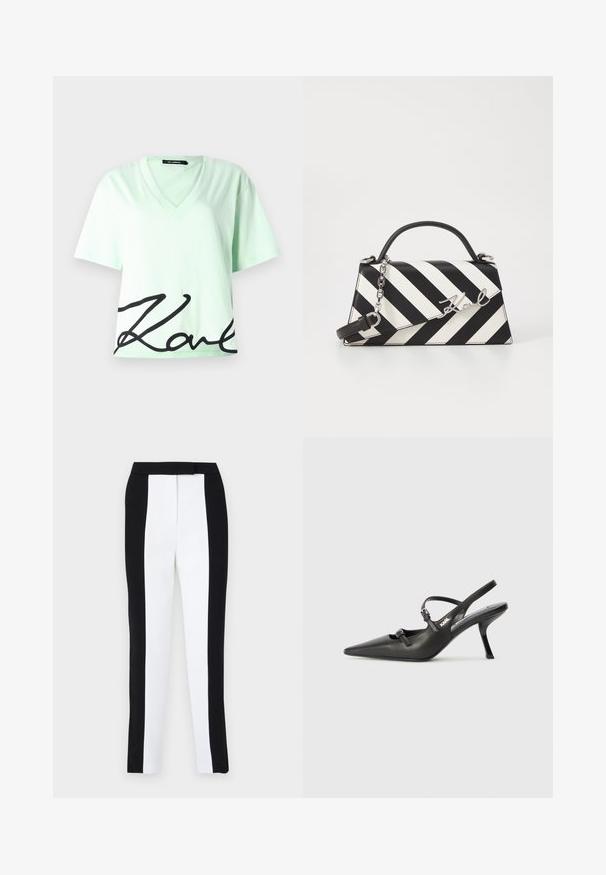 Mintgrønn bomull T-skjorte med V-hals og korte ermer, med et stort svart skriptlogo på bunnen.; Svart-hvite tapered bukser med smal passform og kontrasterende paneler. Stoffet har en glatt tekstur; midjebåndet er flatt og tettsittende.; Sorte skinn slingback-hæler med spiss tå, slank hæl og dekorativ spenne detalj på vampsiden. Glatt tekstur og stilrent design.; Svart- og hvitstripet håndveske med en strukturert form, som har et topphåndtak, en avtakbar kjedestropp, og metallisk logo-akcent.