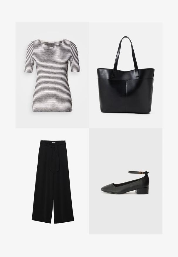 Svītraina T-krekls baltā un tumši zilā krāsā ar īsām piedurknēm, apaļu kaklu, pieguļošu formu un maigu tekstūru. Audums izskatās viegls un elpojošs.; Melni platleņķa bikses ar teksturētu audumu, elastīgu jostu un noņemamu siksnu viduklī, kas nodrošina regulējamu piegulšanu.; Melnas ādas sūkņi ar smailu purngalu un zemu bloku papēdi. Iezīmēts ar potītes siksniņu ar zelta krāsas sprādzi. Gluda tekstūra.; Melnas ādas iepirkumu soma ar divām garām rokturām, gludu tekstūru un strukturētu formu. Iekļauj priekšējo kabatu papildu uzglabāšanai.