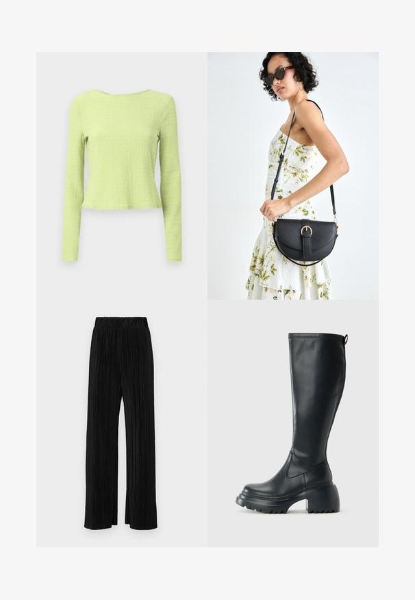 Kratka dolga majica z dolgimi rokavi iz teksturirane svetlo zelene tkanine, z oblikovanim okroglim izrezom in rahlo prilagojeno silhueto. Brez vidnih vzorcev ali okrasnih elementov.; Črne plisirane hlače z elastičnim pasom. Imajo široke noge in gladko, teksturirano tkanino z navpičnimi črtami.; Visoka črna usnjena škornja s debelim podplatnim solejem in blok peto, opremljena s potegom in strukturiranim profilom na podplatu.; Črna usnjena torbica s ukrivljeno obliko, z odstranljivo naramnico in zlatimi dodatki. Torbica ima pokrov s podrobnostmi v obliki zaponke.