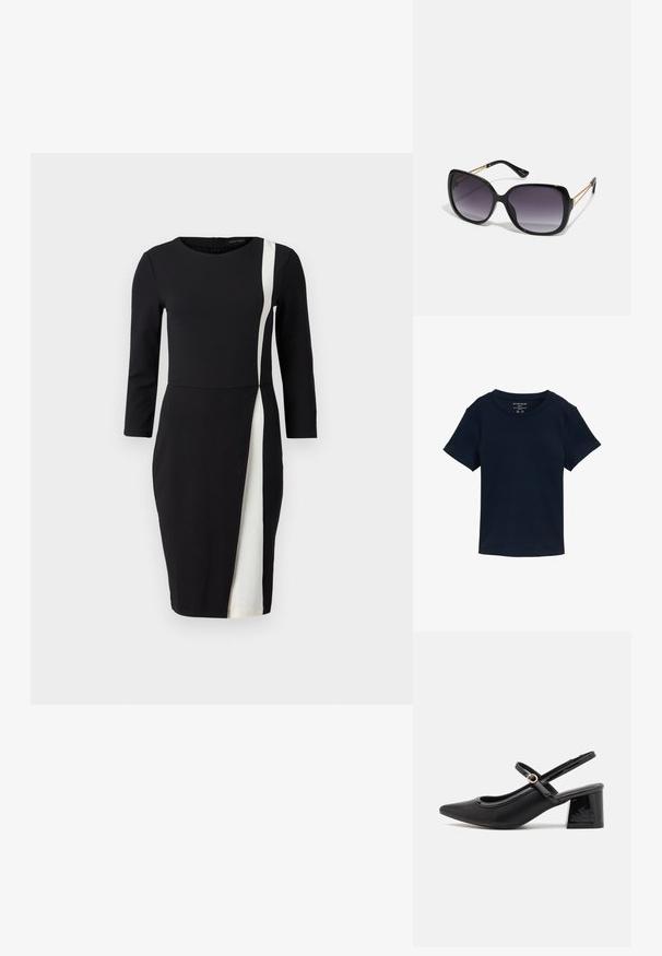 Granatowa koszulka z krótkim rękawem wykonana z bawełny, z okrągłym dekoltem i prostym, bez ozdób designem o regularnym kroju.; Czarna sukienka z rękawami 3/4, z białym diagonalnym paskiem. Wykonana z gładkiego materiału, dopasowana w talii i o długości do kolan.; Czarne lakierowane czółenka na słupku ze spiczastym noskiem, lekko zaokrąglonym wycięciem i obcasem w kształcie bloku. Posiadają złotą klamrę jako akcent dekoracyjny.; Czarne oversize okulary przeciwsłoneczne z gradientowymi soczewkami, grubymi oprawkami i złotym łańcuszkiem na ramionach.; Czarna torba typu tote wykonana z materiału syntetycznego, z prostym prostokątnym wzorem, złotymi kwadratowymi akcentami i podwójnymi uchwytami.