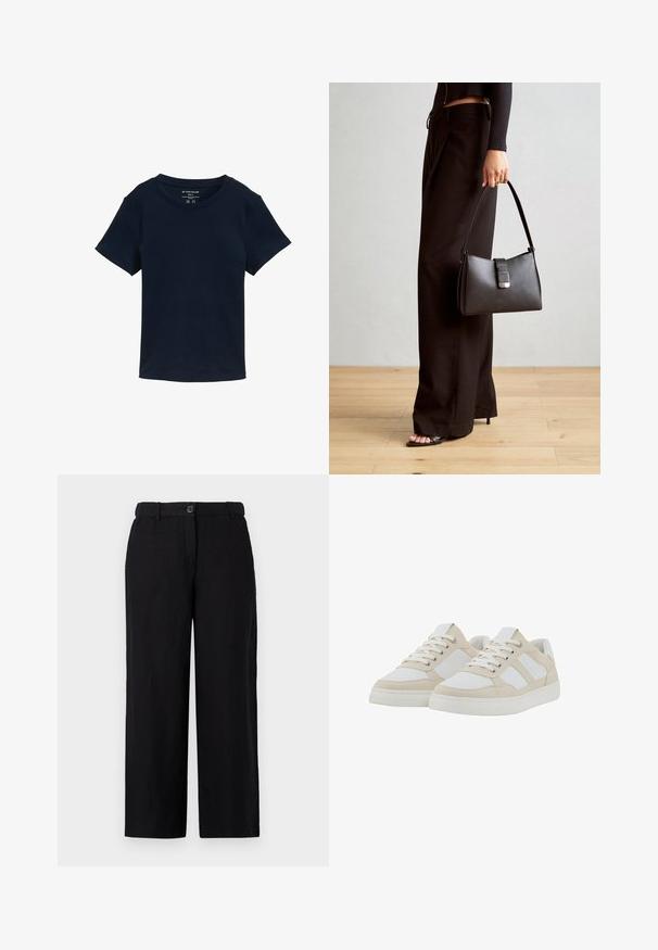 Camiseta de manga corta color marino hecha de algodón, con un escote redondo y un diseño simple, sin adornos, con un corte regular.; Pantalones de pierna ancha negros, hechos de una tela ligera, con cierre de botón en la parte frontal y trabillas para cinturón. Textura suave sin patrones visibles.; Zapatillas de deporte beige y blancas con parte superior texturizada, cierre de cordones y collar acolchado. Presenta tres rayas laterales blancas y una suela de goma.; Bolso negro con forma estructurada, textura suave y un cierre metálico. Combinado con pantalones anchos negros y sandalias de dedo en un suelo de madera.