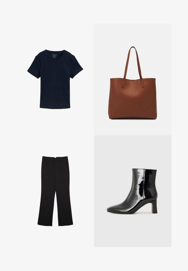 Morska majica s kratkim rukavima od pamuka, s okruglim izrezom i jednostavnim, neukrasnim dizajnom s regularnim krojem.; Crne hlače ravnog kroja, s prednjim džepovima i bočnim prorezima na rubu. Izrađene od mekog i glatkog materijala. Pogodne za razne prigode.; Crne lakirane kožne gležnjače s šiljastim prstom i srednje visokom blok petom. Glatka tekstura i minimalistički dizajn.; Smeđa kožna torba preko ramena s glatkom teksturom, otvorenim vrhom i dvjema naramenicama. Ima minimalne šavove i nema vidljivog hardvera.