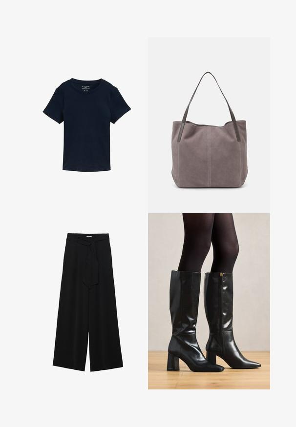 Kék, rövid ujjú pamut póló, kerek nyakkivágással és egyszerű, díszítés nélküli szabással, normál fazonnal.; Fekete, bő szárú nadrág, texturált anyagból, rugalmas derékpánttal és levehető sállal a derekán, amely állítható illeszkedést biztosít.; Félig térdig érő fekete bőrcipők fényes felülettel, hegyes orral és vastag sarkakkal. Oldalsó cipzár a könnyű felvétel érdekében.; Szürke velúr válltáska két sötét bőrből készült füllel. Oldalán steppelt részletekkel, puha textúrával és tágas nyílással rendelkezik.; Négy ezüstgyűrű különböző mintázatokkal: csavart szalag, rétegezett ívek, finom kristályok és egy sima szalag, apró díszítésekkel.