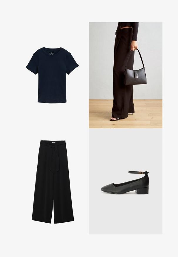 Marineblå kortærmet T-shirt lavet af bomuld, med rund halsudskæring og et enkelt, udekoreret design med en regular fit.; Sorte vide bukser i en tekstureret stofkvalitet, med elastisk talje og et aftageligt bånd i taljen for justerbar pasform.; Sorte læderpumper med spids tå og en lav blokhæl. Har en ankelrem med en guldfarvet spænde. Glat tekstur.; Sort håndtaske med struktureret form, glat overflade og metalspænde. Sammen med brede sorte bukser og sandaler med åben tå på trægulv.