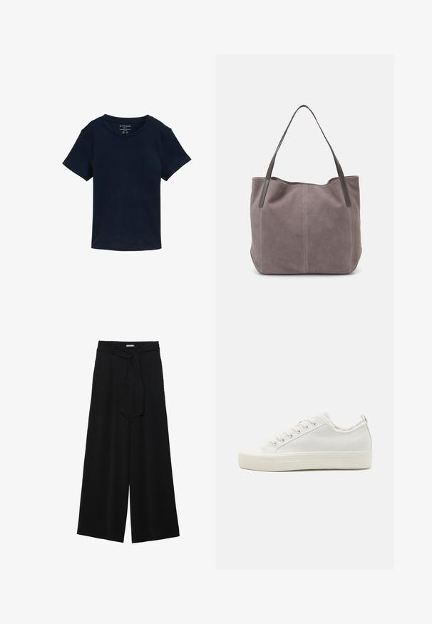 Tricou cu maneci scurte de culoare bleumarin, fabricat din bumbac, având un decolteu rotund și un design simplu, fără embellismente, cu o ajustare standard.; Pantaloni largi negri dintr-un material texturat, cu un tiv elastic și o panglică detașabilă la talie pentru un fit ajustabil.; Adidași albi din pânză cu un material texturat, vârful rotund, talpă plată și sistem de șireturi. Prezintă un guler ușor descusut și un mâner pentru a fi scoși mai ușor.; Geantă tote din suede gri cu două mânere din piele închisă. Dispune de detalii cusute pe laterale, textură moale și o deschidere spațioasă.; Patru inele din argint cu desene variate: bandă răsucită, curbe stratificate, cristale delicate și o bandă netedă cu mici accente.