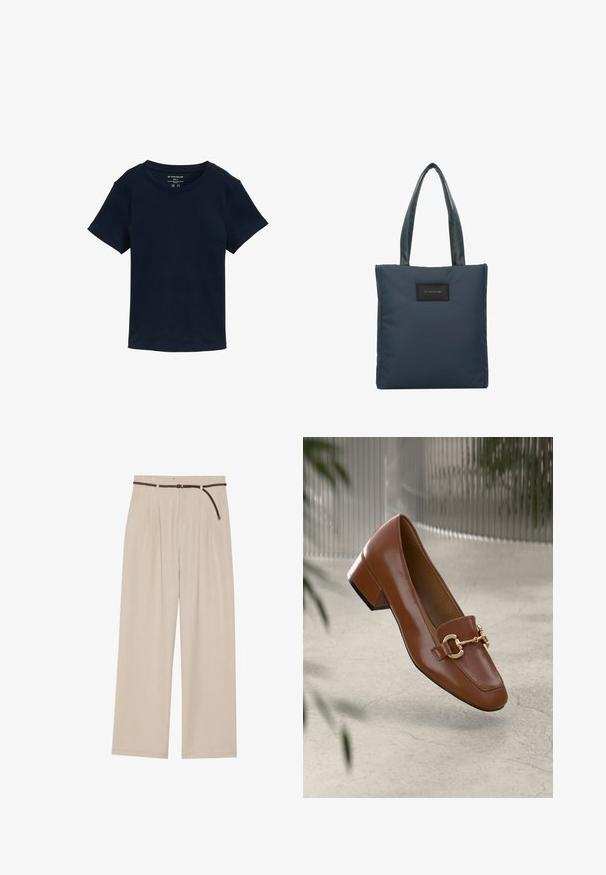 Tumed lühikeste varrukatega T-särk, mis on valmistatud puuvillast, ümmarguse kaelusega ja lihtsa, ilma kaunistusteta disainiga, millel on tavaline istuvus.; Kreemjad laiad püksid voldikute ja kerge kangaga, elastse pruuni vöö ning sirge äärisega.; Pruunist lakknahast loafer, millel on ruudukujuline varvas, metallist ahel kaunistus ja madal plokkkonts; sile tekstuur, minimalistlik disain.; Tumed sinine käekott, mis on valmistatud siledast nailonist, millel on kaks tekstureeritud käepidet ja must ristkülikukujuline logo silt esiosas.