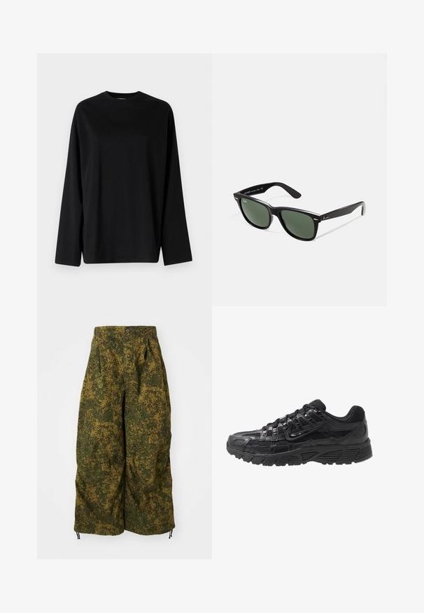 Weekday OVERSIZED LONG SLEEVE - Langærmet T-shirt - black; Bredde bukser med grønt og brunt pixeliseret camouflagemønster, knaplukning og snoretræk ved kanten.; Sort atletisk sko med en overdel af mesh og syntetisk materiale, tekstureret overflade, snørrebånd og en mønstret gummisål for godt greb.; Sorte plastiksolkaber med grønne linser, firkantede stel, sølvaccent på brynene og teksturerede templede arme. Angivet mærke på den indre arm.