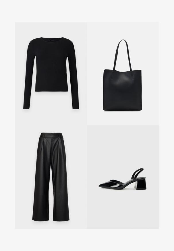 Schwarzes, geripptes Langarmoberteil mit einem runden Halsausschnitt. Hergestellt aus einem weichen, dehnbaren Stoff, hat es eine figurnahe Silhouette und minimale Details.; Schwarze, weit geschnittene Hosen aus Leder mit hoher Taille, Falten und zwei runden Knöpfen an der Vorderseite zum Verschließen.; Schwarze Lackleder-Slingback-High Heels mit spitzem Schuh und einem geometrischen Blockabsatz. Verfügt über ein schlankes, minimalistisches Design und eine glatte Textur.; Schwarze Laptoptasche aus Leder mit glatter Textur, rechteckiger Form und zwei langen Griffen. Keine sichtbaren Beschläge oder Verzierungen.