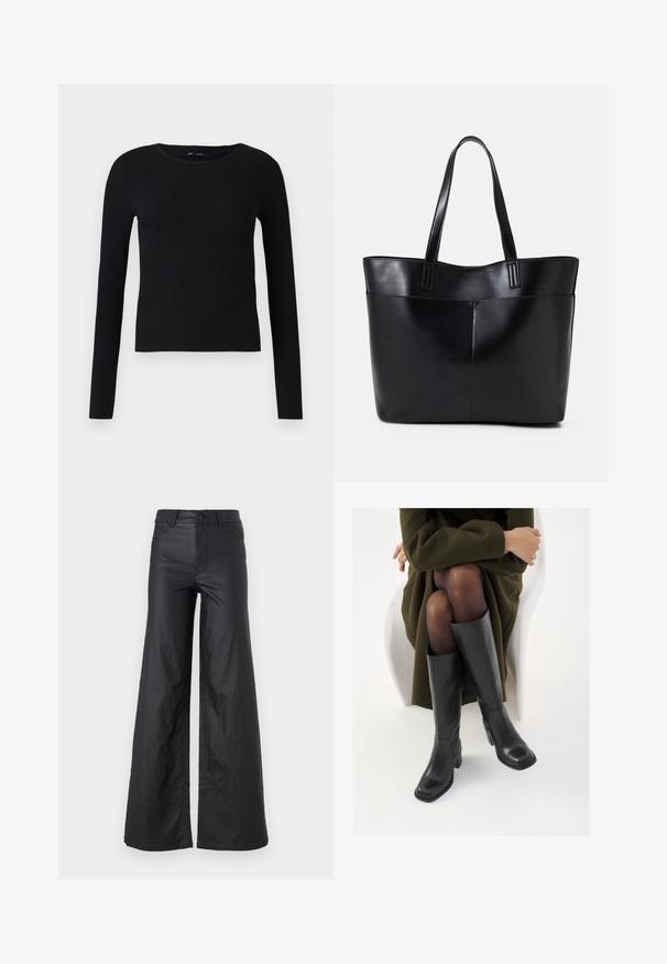 Czarny, prążkowany, długi rękaw top z okrągłym dekoltem. Wykonany z miękkiego, elastycznego materiału, ma dopasowany krój i minimalistyczne detale.; Czarne, szerokie spodnie z materiału przypominającego skórę. Posiadają wysoki stan, szlufki na pasek, dwie przednie kieszenie oraz przeszycia.; Kozaki skórzane do kolan w kolorze czarnym, z kwadratowym noskiem i słupkowym obcasem, pokazane na modelce siedzącej w oliwkowej zielonej kurtce. Gładka tekstura, minimalne detale.; Czarna skórzana torba na ramię z dwoma długimi uchwytami, gładką teksturą i sztywną formą. Posiada przednią kieszeń dla dodatkowego przechowywania.