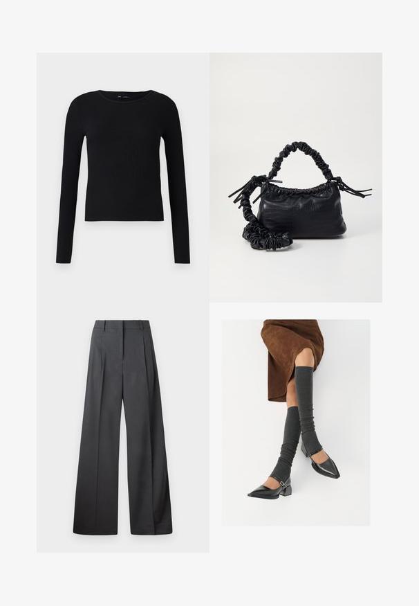 Mustmust kandiline pikkade varrukatega topp ümmarguse kaelusega. Valmistatud pehmest ja venivast kangast, see omab slim-fit siluetti ja minimaalset disaini.; Tumesed püksid tumesinises kangas, kõrge vöökoht, üks voldik ning sile struktuur puhaste ääristega.; Mustad patsaline odav värviga kingad, millel on kreen ja pahkluuring, on paaritatud hallide ribakudumitega sääremiidega ja pruunist nahast seelikuga.; Must must sünteetilisest nahast käekott, millel on krokodillimuster, kokku tõmmatav ülaosa ja kortsus rihm. Tundub pehme ja kompaktne disain.