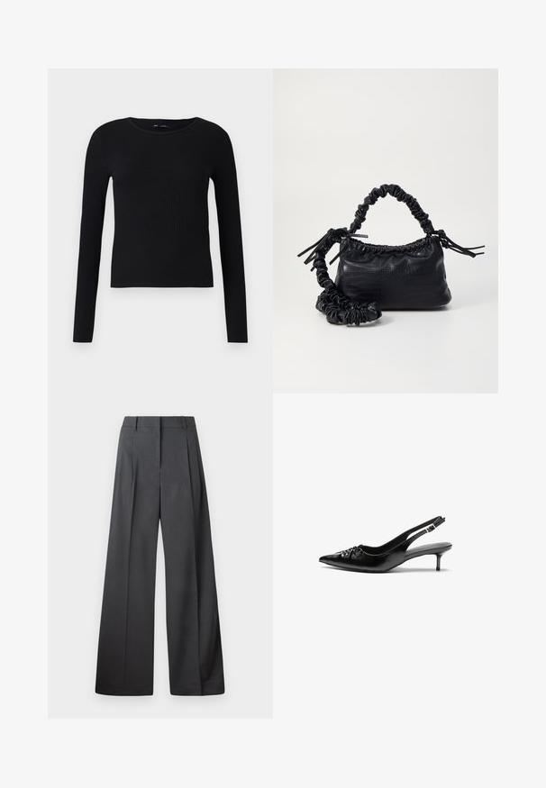 Juoda raukšlėta ilgomis rankovėmis palaidinė su apvaliu kaklu. Pagaminta iš minkštos, elastingos medžiagos, ji turi prigludusią siluetą ir minimalų dekorą.; Tamsiai pilkos plačios kojos kelnės, turinčios aukštą liemenį, vieną raukšlę ir sklandžią tekstūrą su tvarkingais kraštais.; Juodos odinės slingback aukštakulniai su smailiu nosiu, mažais katės kulnais ir dekoratyvine mazgo detale priekyje. Visas paviršius lygus.; Juodas dirbtinės odos rankinė su krokodilo tekstūra, sušnibždinta viršuje ir susikraipytu dirželiu. Atrodo minkšta ir kompaktiška.