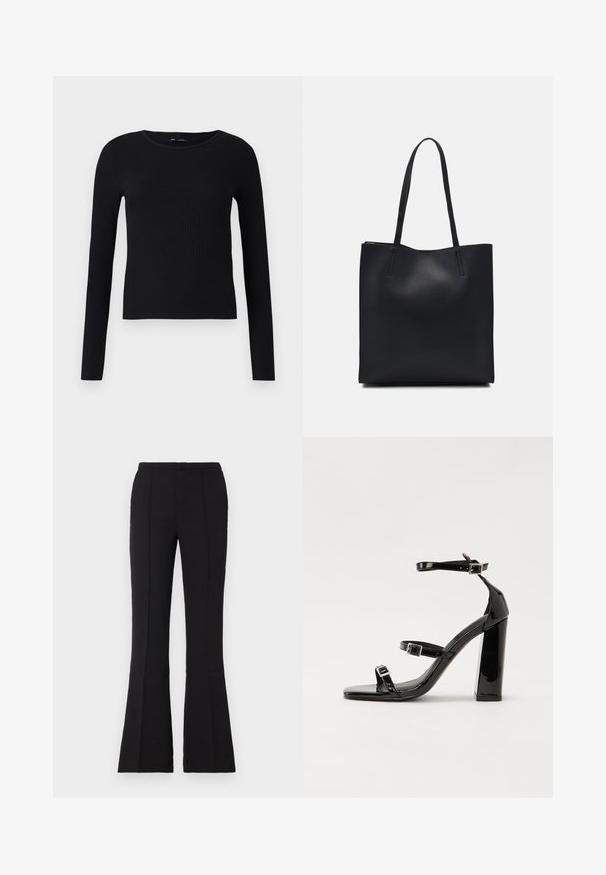 Schwarzes, geripptes Langarmoberteil mit einem runden Halsausschnitt. Hergestellt aus einem weichen, dehnbaren Stoff, hat es eine figurnahe Silhouette und minimale Details.; Schwarze Schlaghosen aus glattem Stoff, mit einer figurschmeichelnden Taille, vorderen Nahtdetails und einem leichten Schlag, der ab dem Knie beginnt.; Schwarze patentierte Sandalen mit Absatz, quadratischer Spitze, Knöchelriemen und silbernen Schnallen. Mit einem stabilen Blockabsatz für mehr Stabilität.; Schwarze Laptoptasche aus Leder mit glatter Textur, rechteckiger Form und zwei langen Griffen. Keine sichtbaren Beschläge oder Verzierungen.