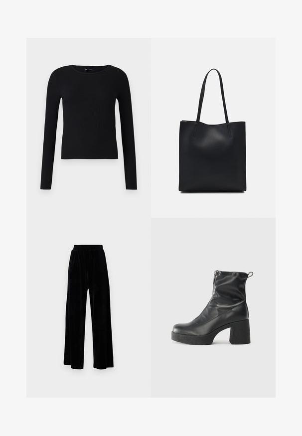 Czarny, prążkowany, długi rękaw top z okrągłym dekoltem. Wykonany z miękkiego, elastycznego materiału, ma dopasowany krój i minimalistyczne detale.; Czarne spodnie z szerokimi nogawkami wykonane z miękkiego weluru, z elastycznym pasem i gładką fakturą, bez widocznych detali czy wzorów.; Czarne botki za kostkę wykonane z gładkiej skóry, wyposażone w boczny zamek błyskawiczny, masywny teksturowany obcas oraz zaokrąglony czubek.; Czarna skórzana torba tote o gładkiej fakturze, prostokątnym kształcie i dwóch długich uchwytach. Brak widocznych elementów metalowych i ozdób.